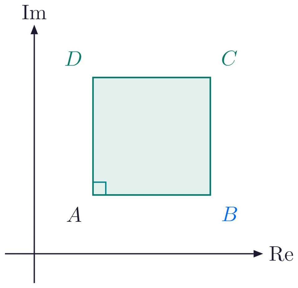 The square ABCD with A bottom left, B bottom right, C top right, D top left, and a right angle at A